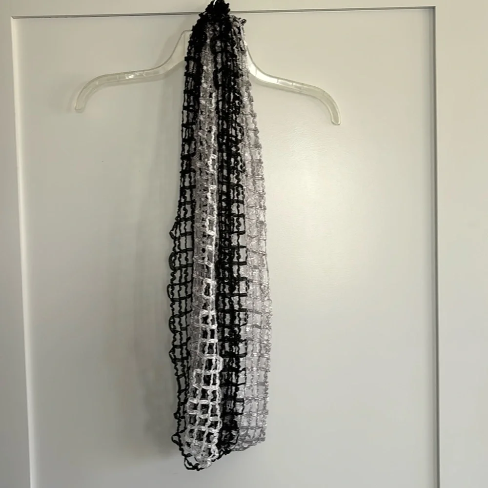 Black and white silk crocheted circle scarf